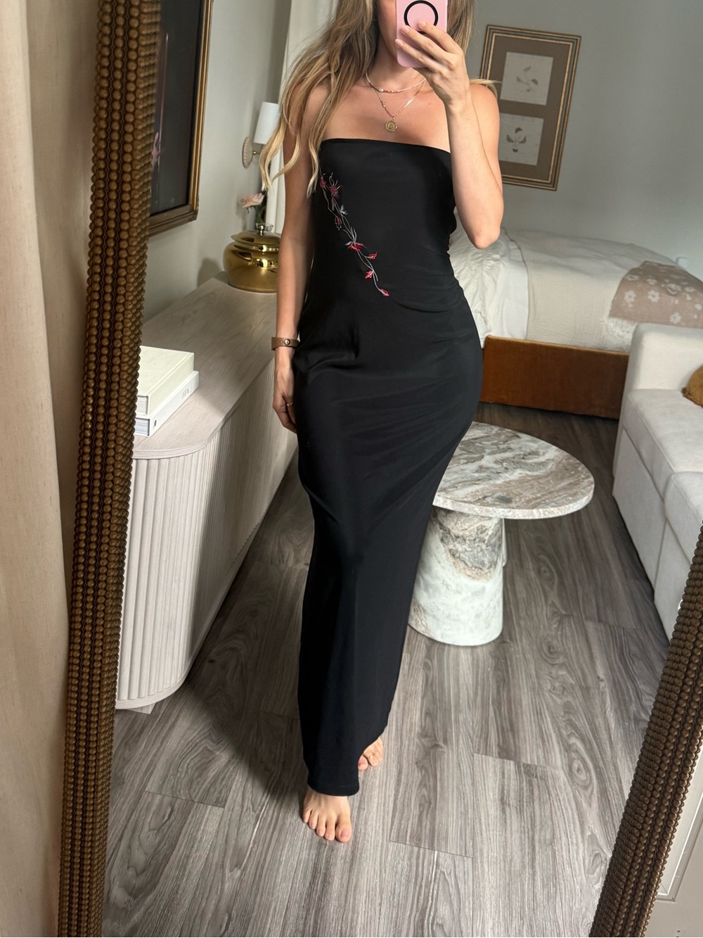 Black Market Vintage Black Strapless Embroidered Column Maxi Dress S Made USA
